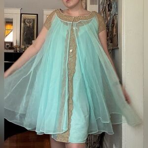 Elegant Aqua and Gold Dress - Vintage Peignoir Set